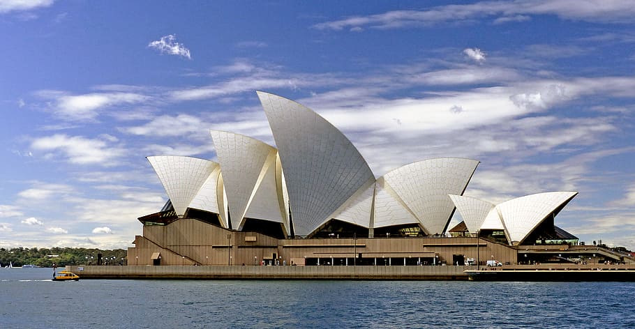 Sydney Opera House, Sydney Opera, Australia, water, sky, architecture, cloud - sky, waterfront, building exterior, built structure, transportation
