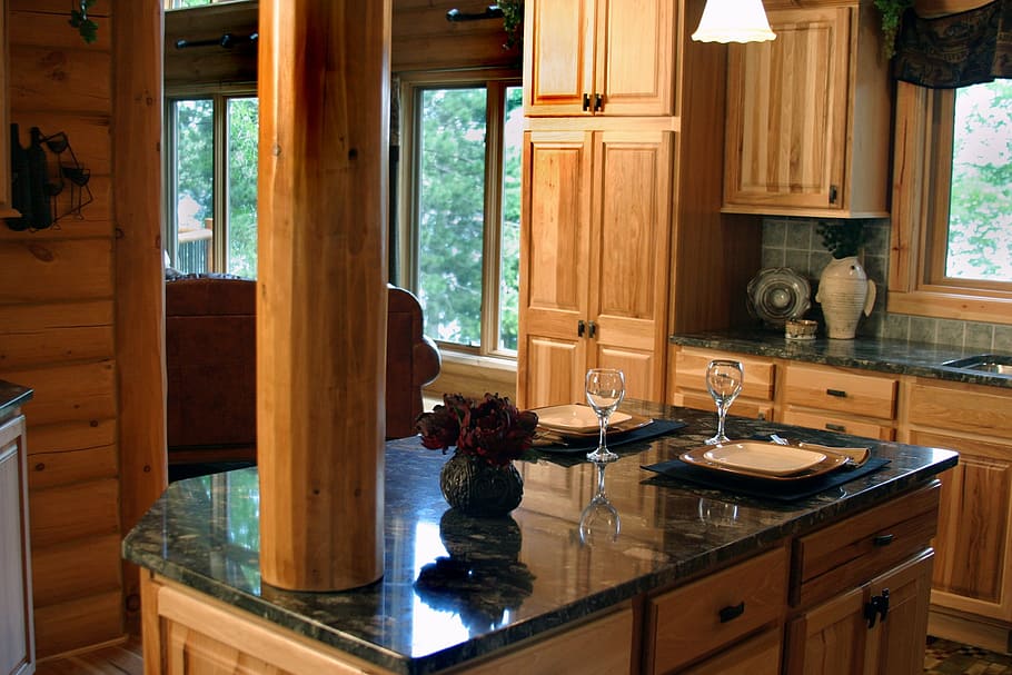 wine bottle, kitchen island, marble countertop, counter, countertop, marble, stone, polished, log home, kitchen