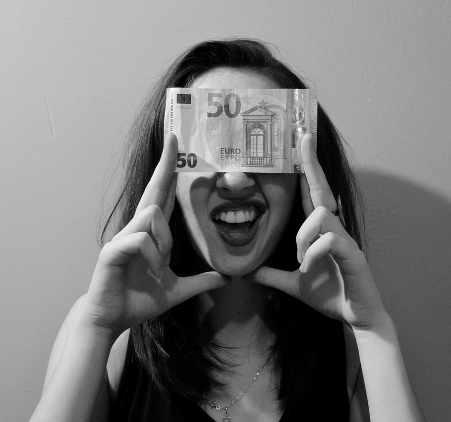 smile, woman, ticket, hand, fifty, bill, money, portrait, headshot, one person
