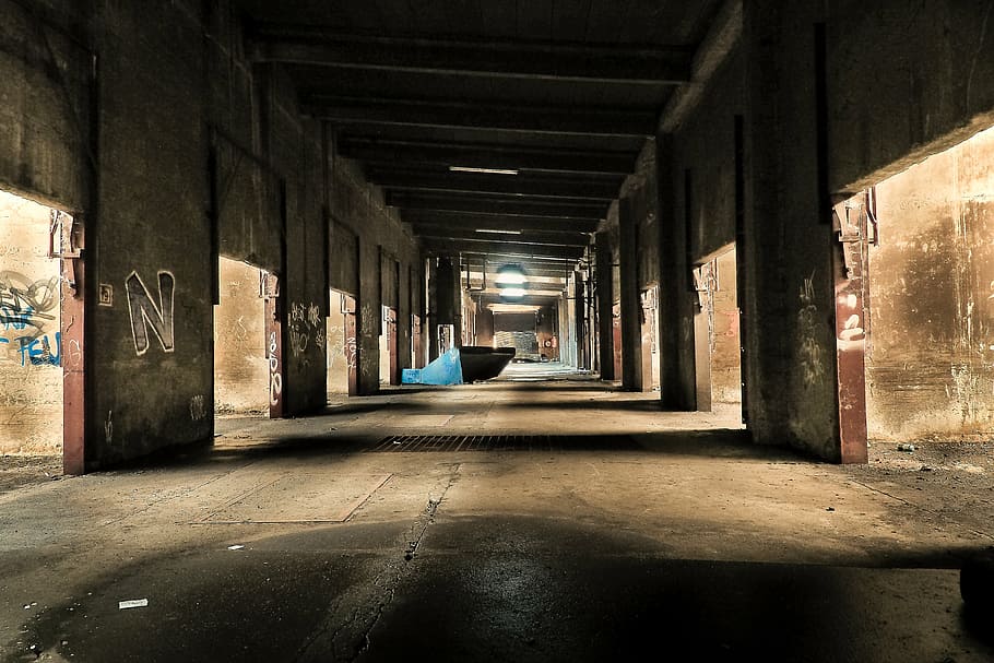 empty, brown, concrete, hallway, lost places, factory, old, leave, industrial building, lapsed