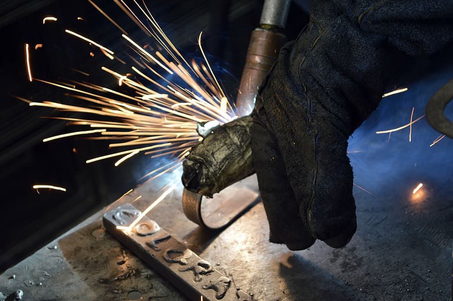 person, black, gloves, cutting, metal, using, acetylene, metallurgy, welder, welding