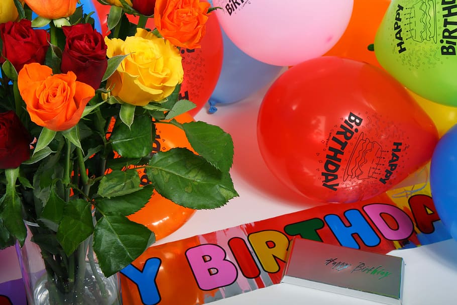 rojo, naranja, amarillo, rosa, flores, Cumpleaños, Globos, Ramo, Celebración, decoración
