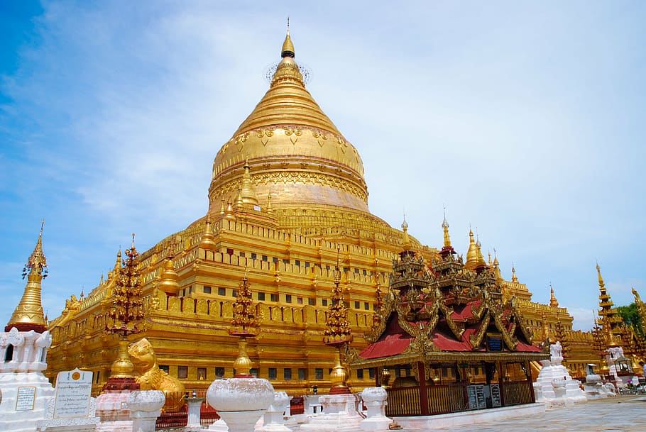 gold temple, blue, sky, myanmar, temple, buddha, buddhism, religion, belief, place of worship