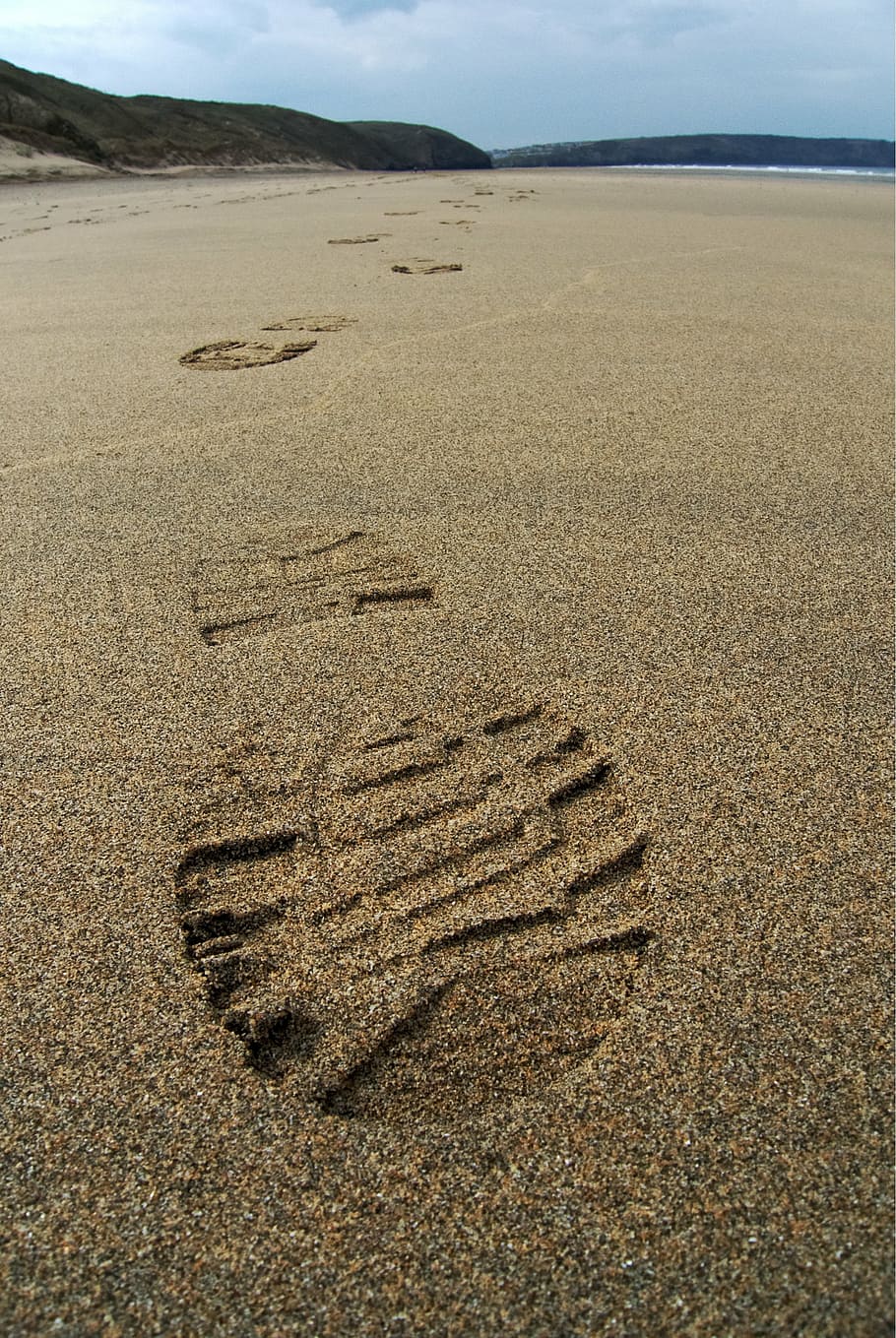 cetakan sepatu, fotografi pasir, jejak kaki, pasir, trek, cetak, kaki, boot, pantai, perjalanan
