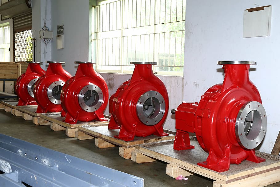 five, red, valve, pallet, pumps, industrial, equipment, metal, water, power