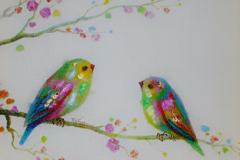 photo displays, two, birds perching, tree branch, painting, birds, tender, colorful, cute, canvas