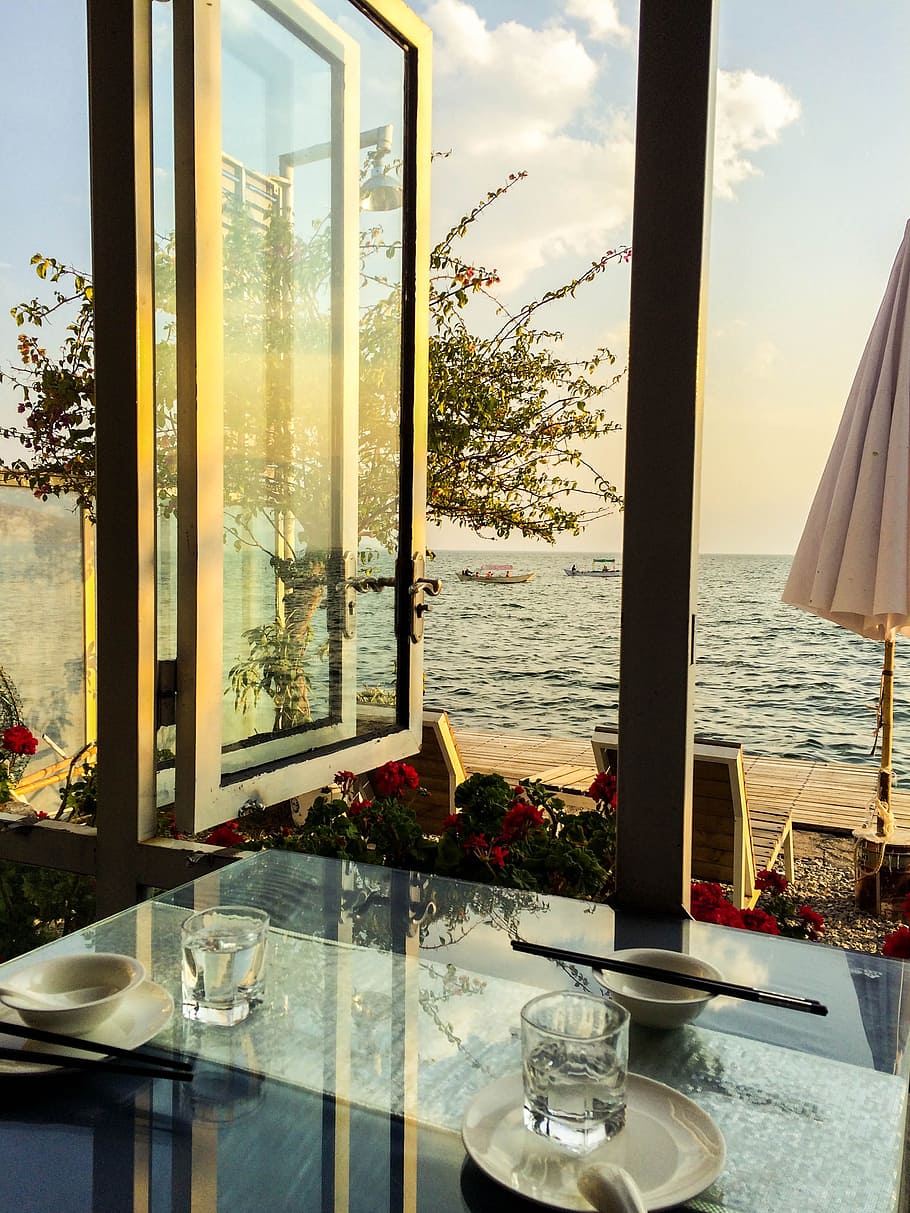 erhai lake, window sill, dinner, romantic, window, glass - material, table, transparent, sky, water