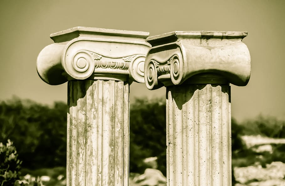 pillar capitals, greek, architecture, column, ionic, elegance, classical, focus on foreground, day, metal