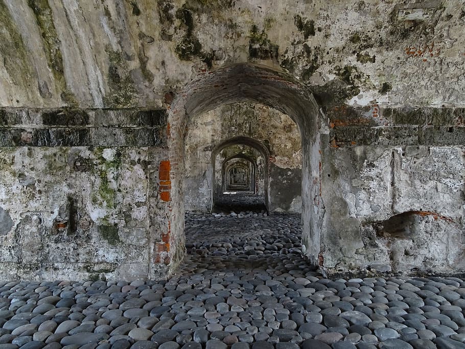 San Juan De Ulua, Veracruz, Meksiko, benteng, pelabuhan, lengkungan, urutan, tekstur, batu, dinding karang