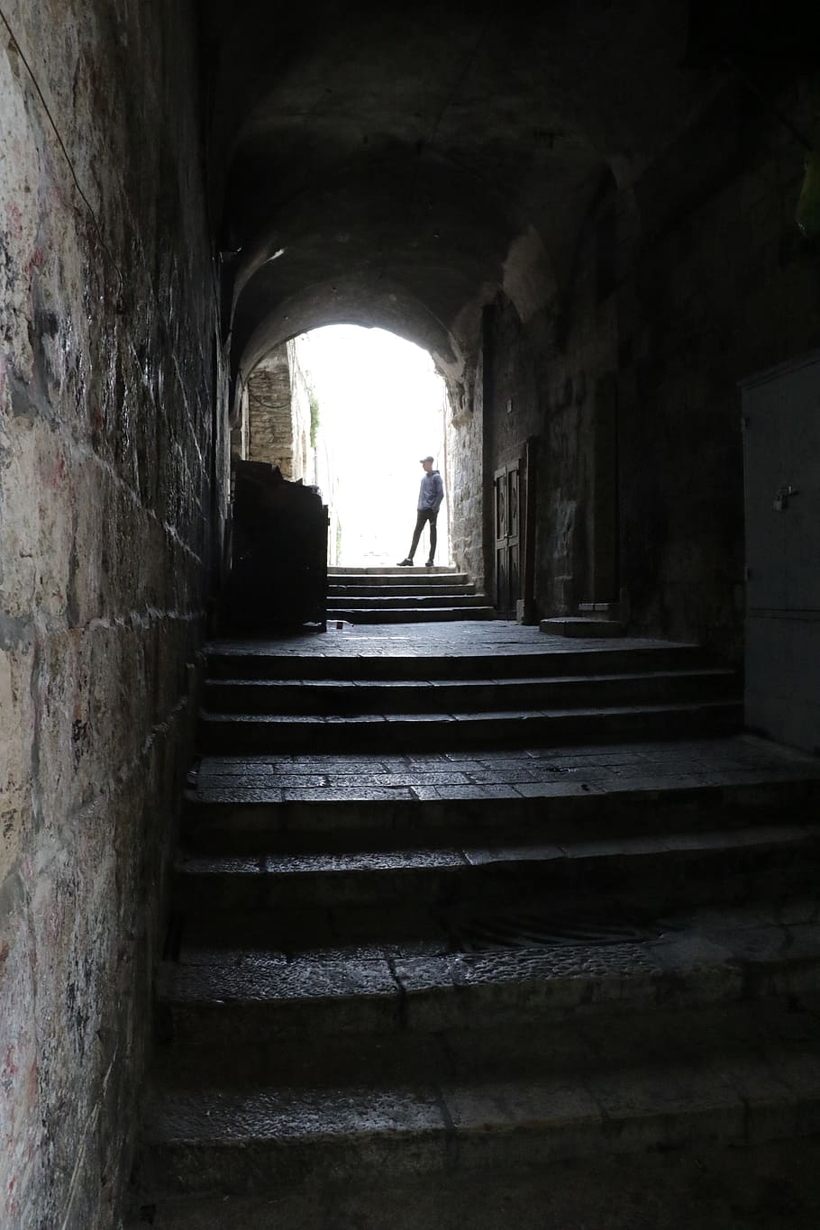 Rua, Velho, Cidade, Jerusalém, Antiga, velha, arquitetura, escadaria, pessoas, escuro
