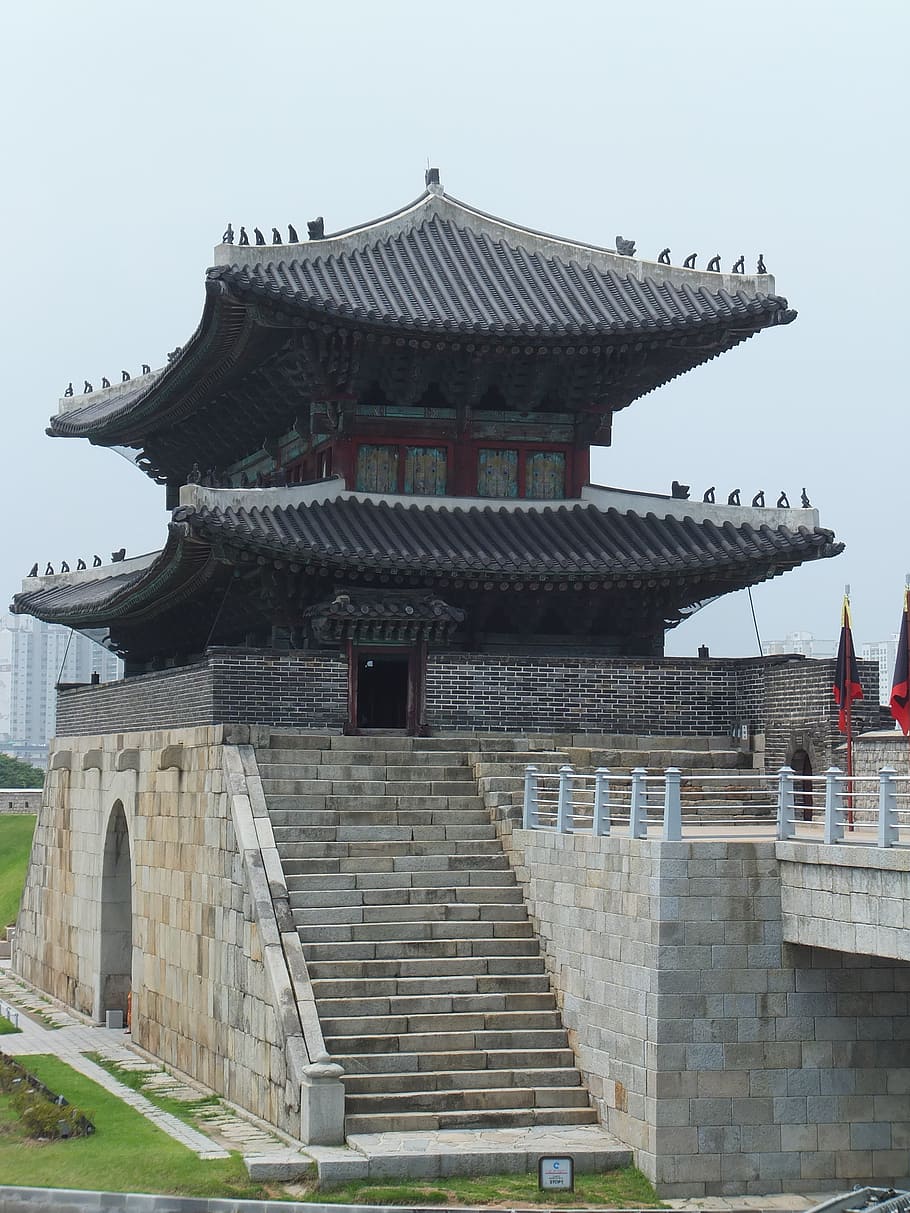suwon, suwon hwaseong, castle, architecture, built structure, building exterior, roof, sky, religion, place of worship