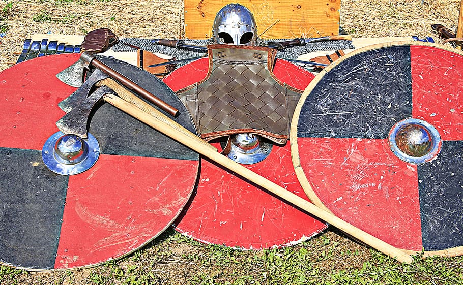 Shield, Helmet, Knight, Medieval, middle ages, weapons, medieval festival, red, outdoors, playground