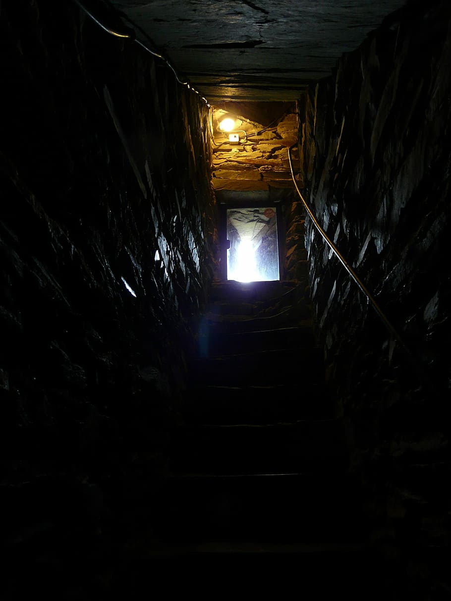 escaleras, túnel, luz encendida, bodega, salida, pandilla, oscuro, espeluznante, salida de bodega, sombrío