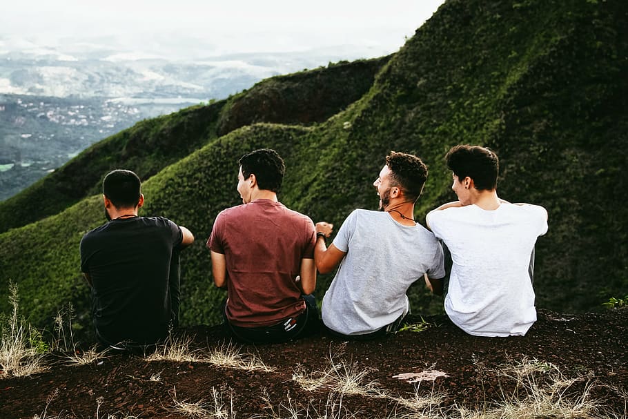 four, men, sitting, hill, nature, landscape, mountain, clouds, sky, grass