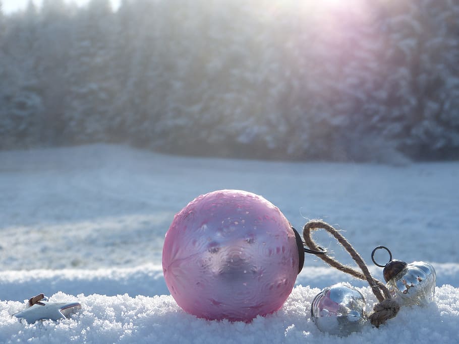 Rosa, bola, campo de nieve, invierno, adornos navideños, naturaleza, invernal, bosque, nieve, escarcha