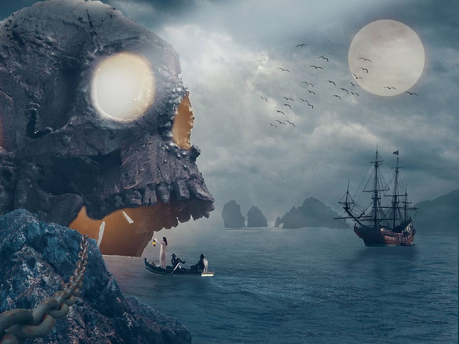 pirate ship, skull island, full, moon, digital, wallpaper, pirates, island, ship, treasure