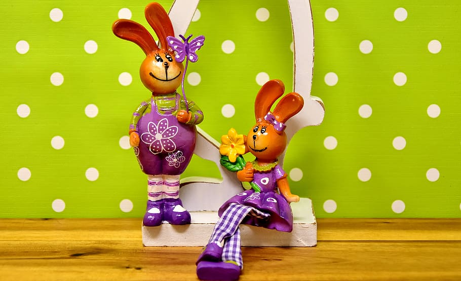 two, rabbit figurines, wearing, purple, dresses, easter, easter bunny, pair, spring, easter decoration
