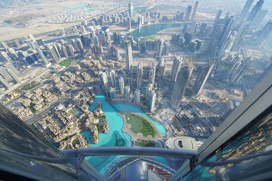 dubai, burj, khalifa, city, modern, emirates, skyline, aerial view, architecture, water