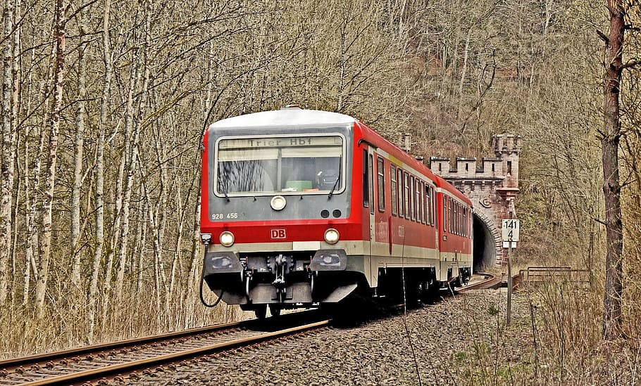 red, gray, train, forest, tunnel exit, diesel railcar, south eifel, kylltal, main line, single-track