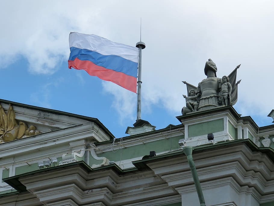 Flag, Russia, St Petersburg, Building, erimitage, sculpture, flutter, blow, patriotism, low angle view