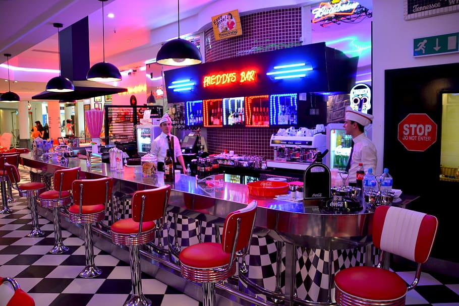 bar interior, american diner, red chairs, cafe, restaurant, red, table, chair, nobody, style