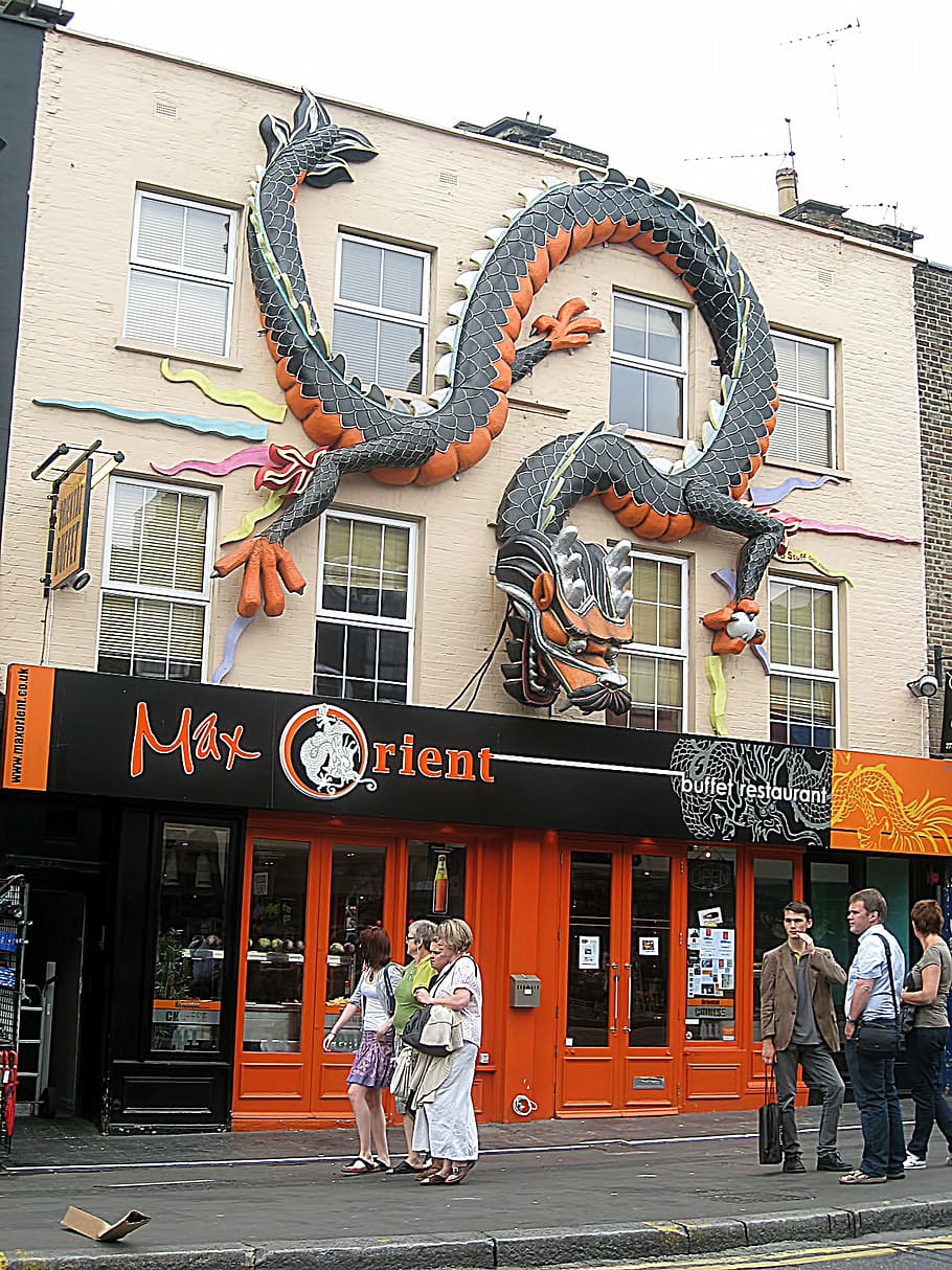 building, facade, dragon, camden, london, english, built structure, building exterior, architecture, real people