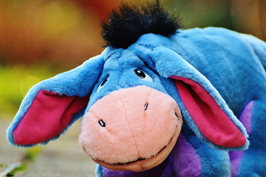 selective, focus photography, winnie, pooh eeyore, plush, toy, donkey, funny, stuffed animal, toys