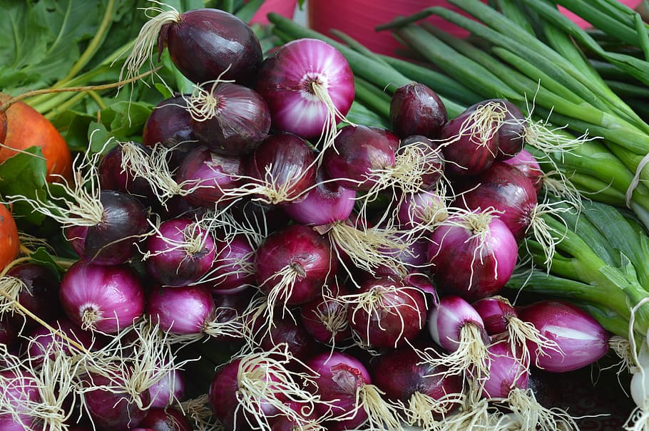 bunch, red, onions, green vegetables, market, produce, healthy, raw, food, organic
