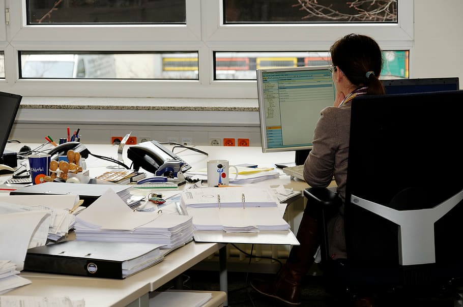woman, wearing, gray, blazer, front, computer, secretary, office job, office, desk