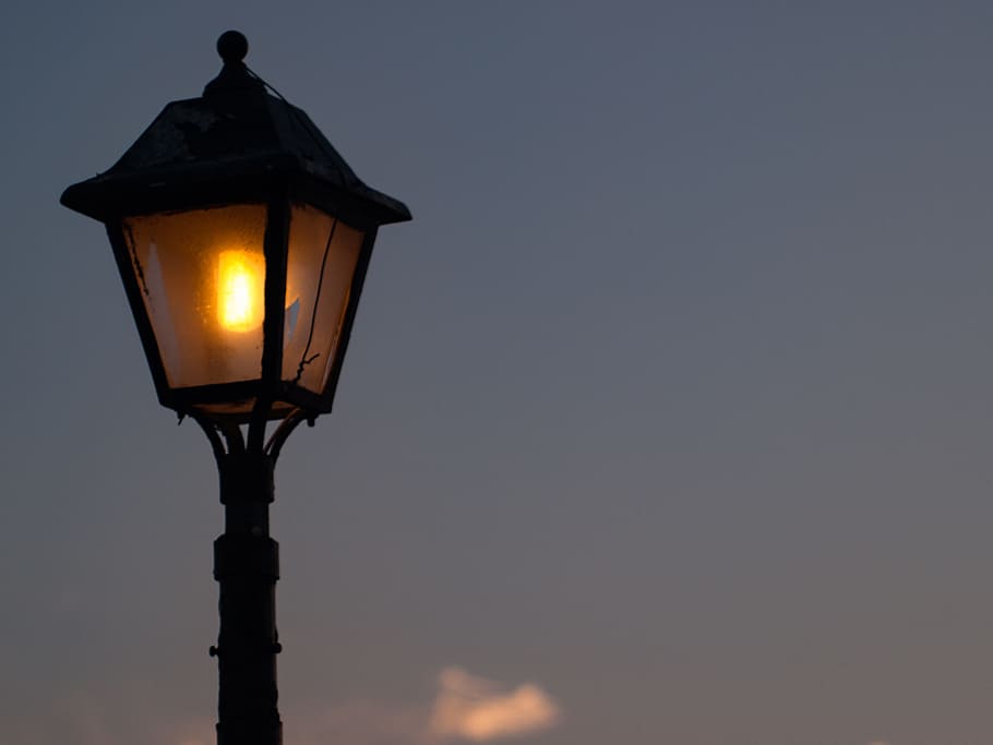 black post lamp, lamppost, lantern, lighting, light, street, city, sky, lighting equipment, street light