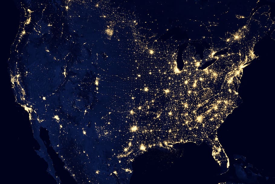 Fotografía satelital, Estados Unidos, noche, estrellas, cielo, tierra, espacio, luces, satélite, órbita