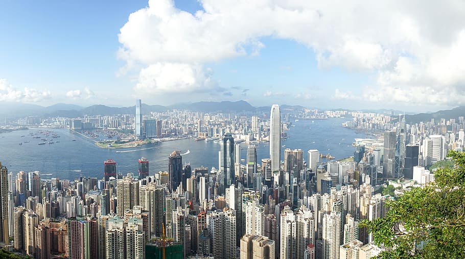antena, vista, edificios de la ciudad, Hong Kong, pico, paisaje urbano, el pico, horizonte de hong kong, pico victoria, rascacielos