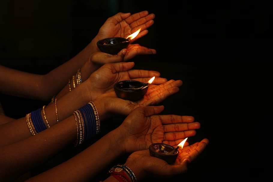 three, lighted, candles, person, hands, people, adult, woman, dark, human hand