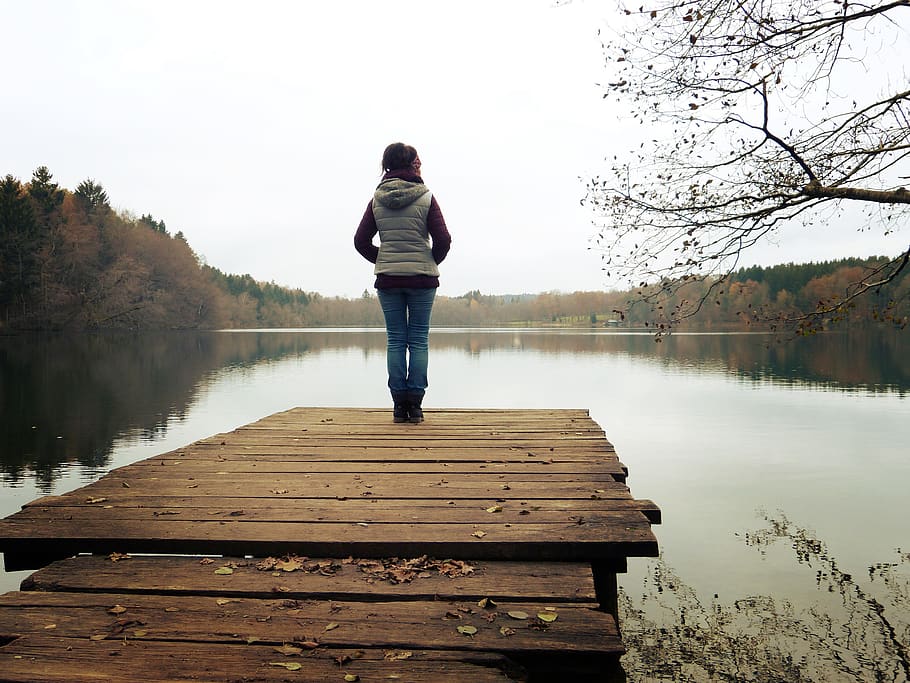 web, lake, forest, nature, woman, stand, boardwalk, water, mirroring, optimism