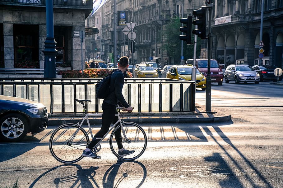 hombre, tenencia, bicicleta, para caminar, carretera, persona, viendo, tráfico, Budapest, personas