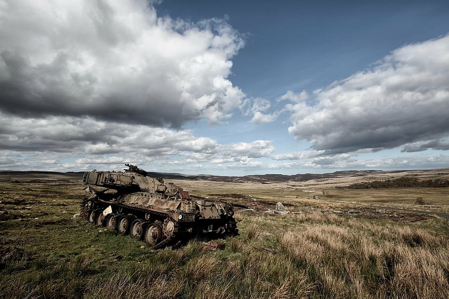 brown, military, tank, parked, grass, daytime, war, derelict, abandoned, decay