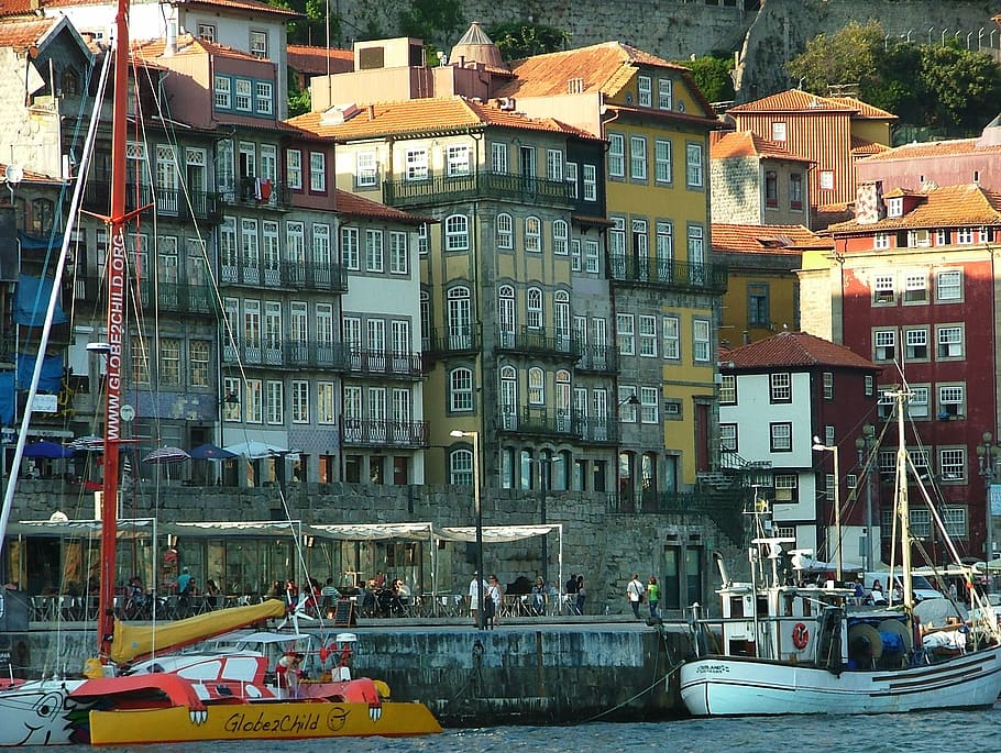 portugal, porto, europe, harbor, praça ribeira, douro river, boats, architecture, built structure, building exterior
