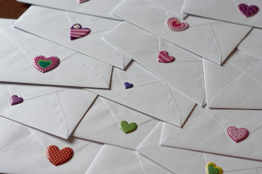 photography, message envelopes, envelope, letters, love letter, heart shape, high angle view, indoors, red, tile