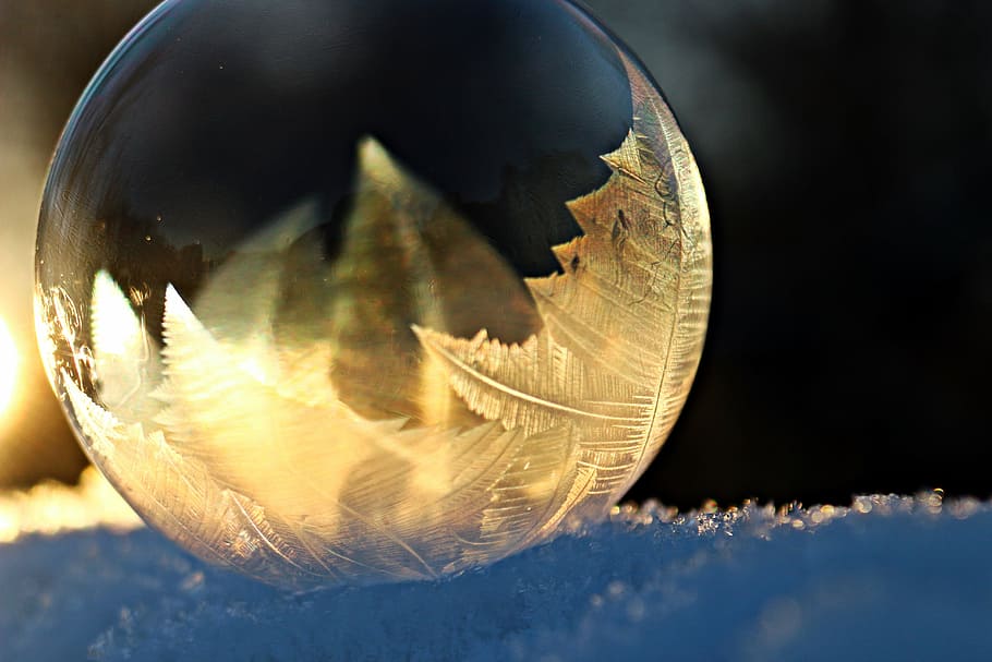 bulat, jelas, bola kaca, atas, salju, eiskristalle, gelembung sabun, es, beku, musim dingin