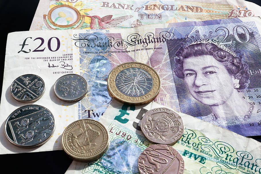 primer plano, billetes de libra de moneda británica, libra, monedas, moneda, billete de banco, dinero, riqueza, negocios, finanzas