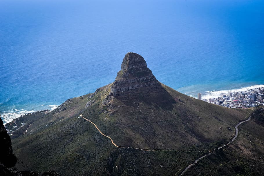 aerial from table mountain, south africa, cape town, scenic, mountain, nature, rock, mountains, road, landscape