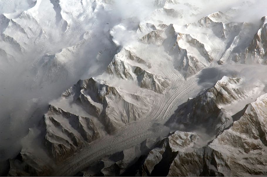 aerial, photography, road, snow, capped, mountains, central tien shan, china, landscape, ice