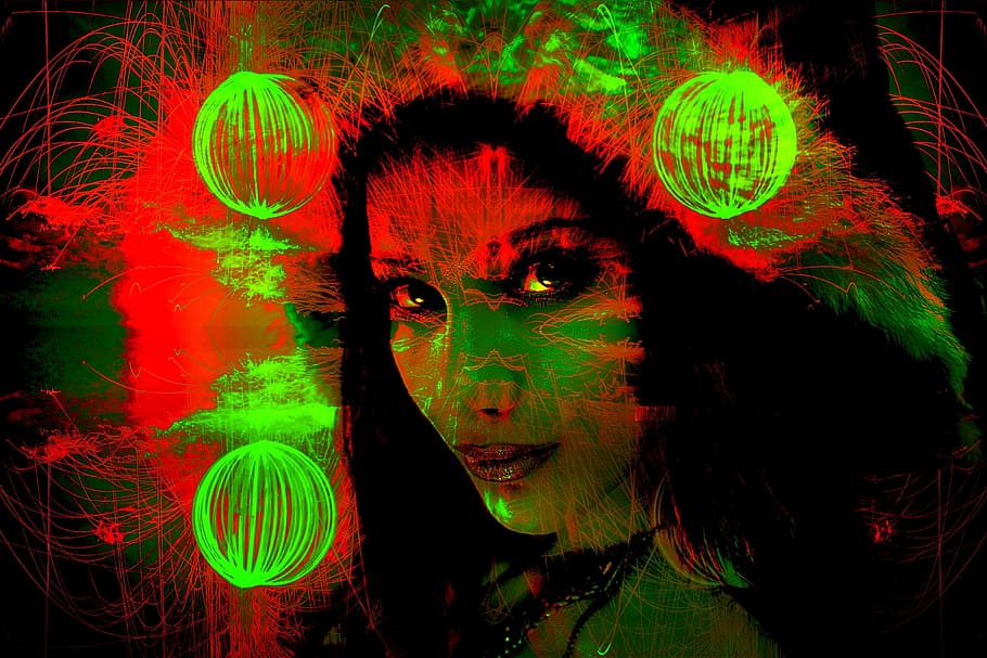 pop art, fireworks, woman, face, gradient mask, cross process, digital art, mirrored, background, edit