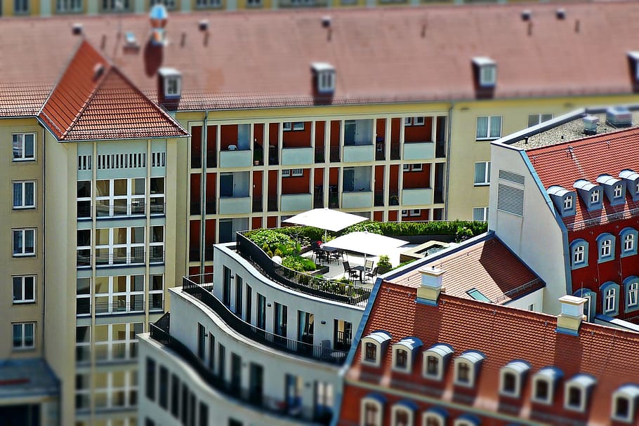 alto, fotografía de ángulo, hormigón, edificios, terraza en la azotea, arquitectura, Dresde, vista a la ciudad, desde arriba, techos