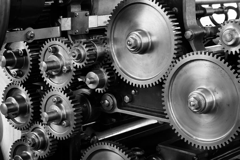 metal cog gears, gears, cogs, machine, machinery, mechanical, printing press, gears and cogs, technology, industry