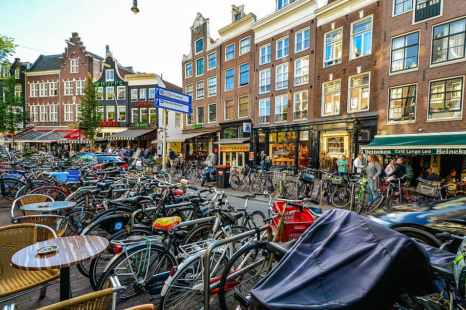 bicicletas, holanda, cidade, ocupado, holandês, lojas, padaria, café, centro da cidade, turismo