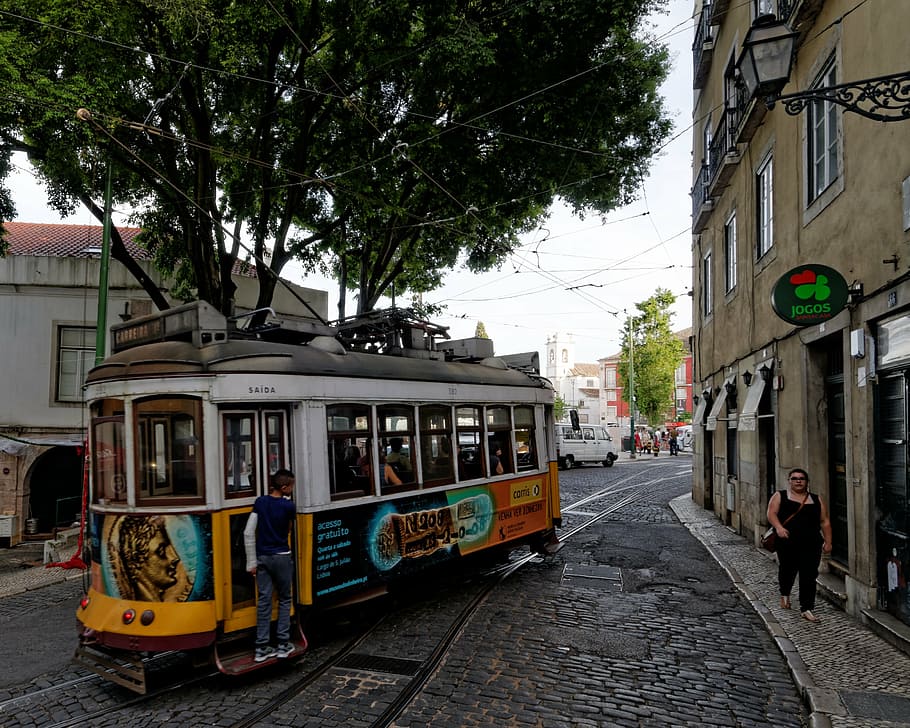 lisbon, portugal, old town, tram, road, street, architecture, transportation, building exterior, mode of transportation