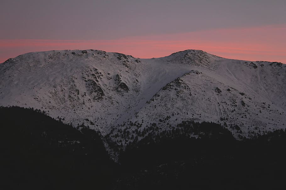 sunset, snow, sierra, guadarrama, mountains, madrid, spain, sky, dawn, mountain