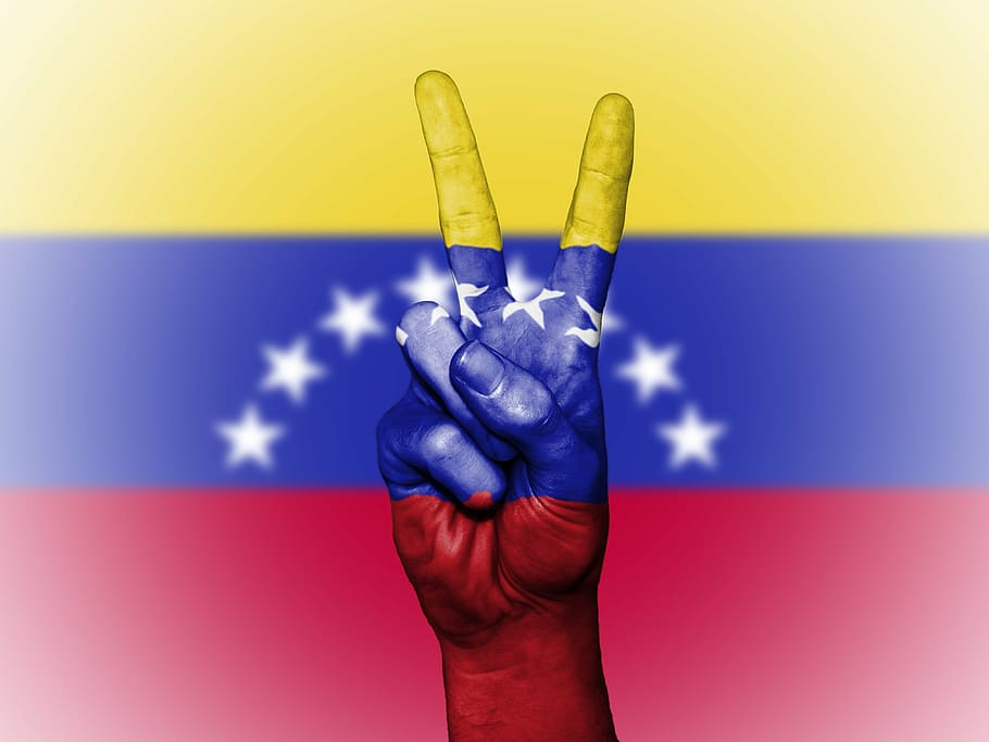 yellow, blue, red, stripe flag, peace hand sign, venezuela, peace, hand, nation, background