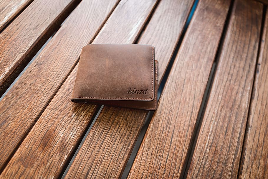 brown, leather bifold wallet, wood planks, wallet, business, money, credit, card, payment, cash
